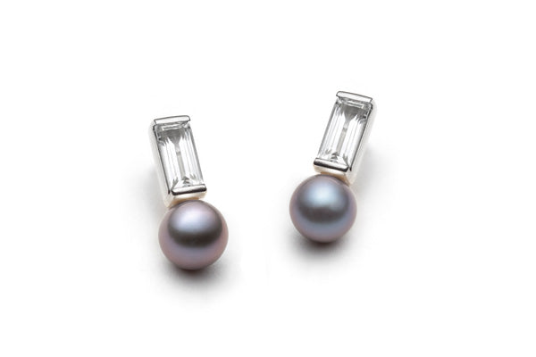 Baguette Pearl Earrings in Silver with Topaz