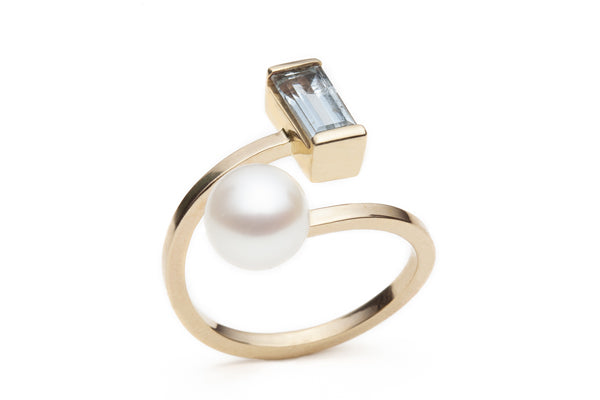 
            
                Load image into Gallery viewer, Open Aquamarine &amp;amp; Pearl Ring
            
        